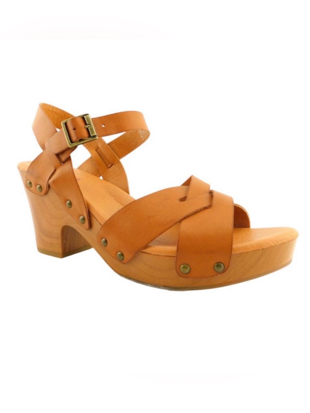 KORKS Natural Brown Crisscross Studded Block Heel Ankle Strap Sandals 8